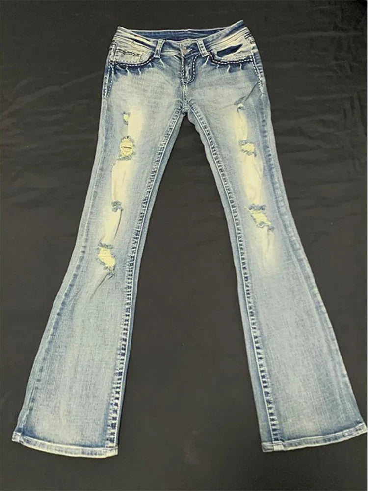 Women Grunge Low Waisted Flare Ripped Denim Pants Japanese Abi Y2k Harajuku Bell-Bottom Jeans Gyaru Baddie Style Skinny Retro