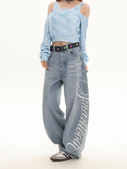 Blue Loose Wide Leg Jeans Women's Fashion High Waist Straight Cut Casual Trousers Autumn New Style Slimming Effect Cotton Pol...