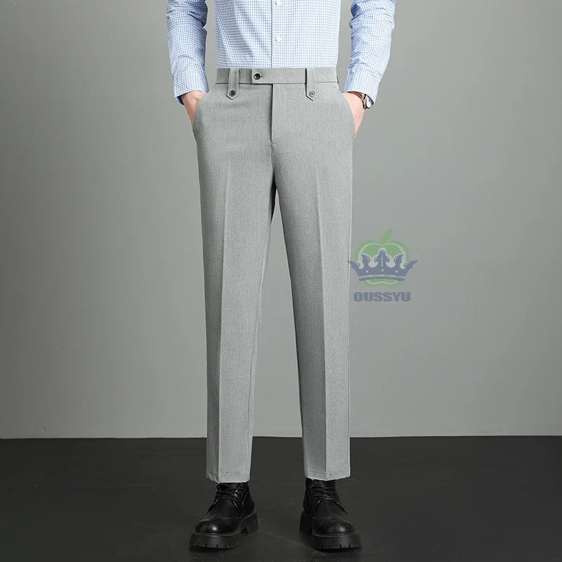 Brand High Quality Business Suit Ankle Length Pants Men Grey Khaki Waist Design Work Office Formal Long Trousers Male