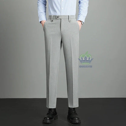 Brand High Quality Business Suit Ankle Length Pants Men Grey Khaki Waist Design Work Office Formal Long Trousers Male