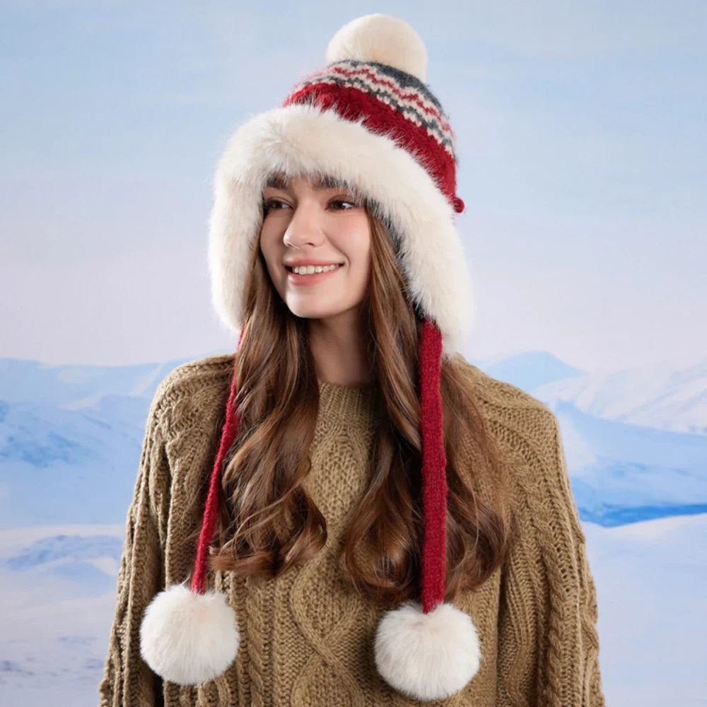 New Thick Warm Women Winter Hat Skullies Beanies Knitted Fur Hat Three Fur Ball Beanie Hat Female Earflap Cap Russian Hat
