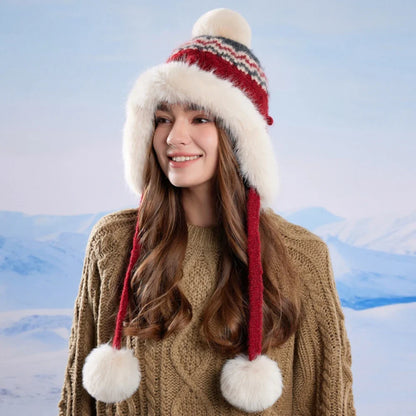 New Thick Warm Women Winter Hat Skullies Beanies Knitted Fur Hat Three Fur Ball Beanie Hat Female Earflap Cap Russian Hat
