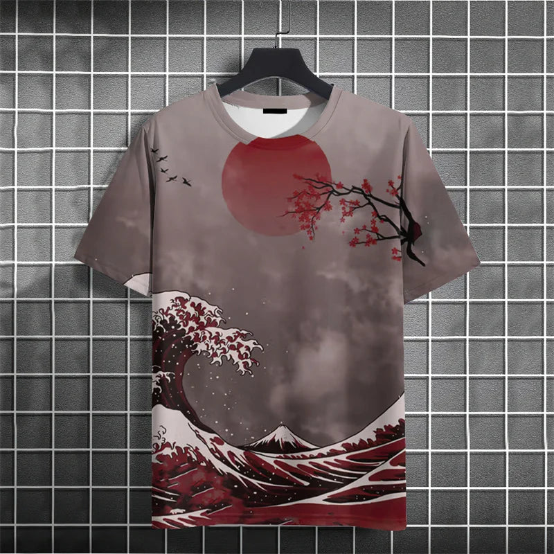 Crane Waves Pattern T-Shirt For Men Chinese Koi Fish 3D Print Tees Summer Casual Loose Short Sleeve O-Neck Tops Unisex T Shirts