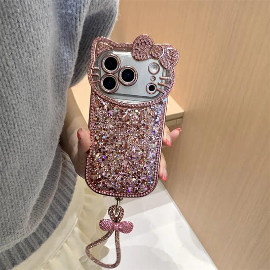 Cute Camera 3D Hellokitty Luxury Glitter phone case for iPhone 17 11 12 13 14 15 plus 16 Pro Max Fundas With Chain Shockproof Ca