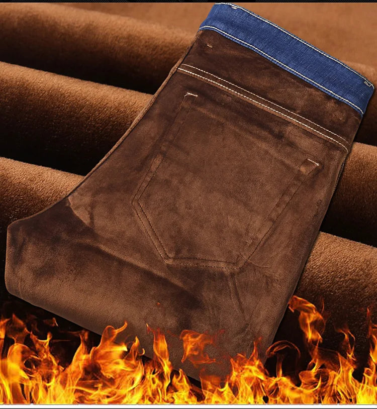 Men New Winter Classics Fleece Thick Warm Jeans Men's Loose Straight Elastic Denim Pants Casual Plush Trousers Large Size 28-40