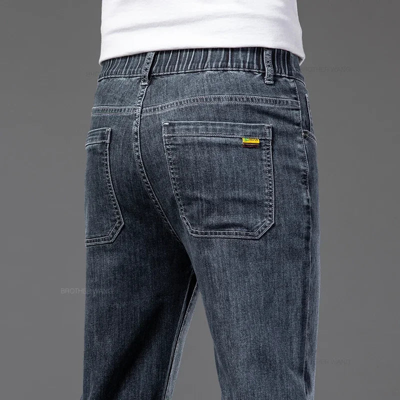 Spring Summer Thin Men's Classic Jeans Elastic Loose Straight Cotton Casual Denim Trousers Brand Clothing Business Male Pants