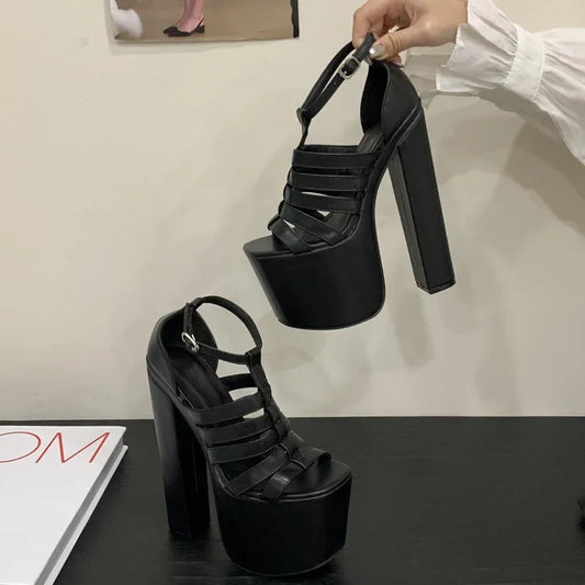 Sexy Hollow-out Ultra High Heels Design Narrow Band Buckle Strap Sandals Women Shoes Peep Toe Nightclub Zapatos Mujer