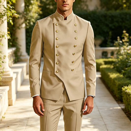 Men's Double Breasted Stand Collor Suit 2 Pieces Blazer Pants Set Slim Fit Business Casual Suit Jacket Formal Wedding Tuxedo
