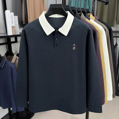 Premium luxury men's long sleeve polo shirt brand cartoon bear embroidery Korean style fashion comfort autumn new lapel T-shirt