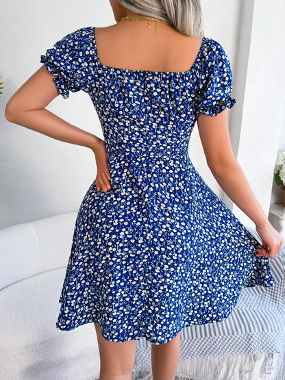 Women Casual Square Neck Flare Short Sleeve Floral Dress Elegant A Line Dress for Spring Summer 2026 Fashion Woman Clothing