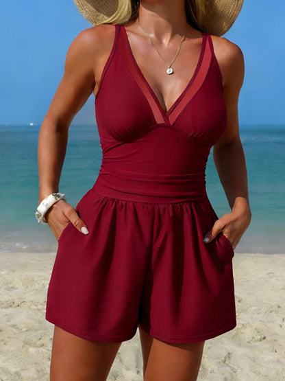2026 Women's One Piece Mesh Swimsuit Tummy Control Swimwear Romper with Pockets High Elastic Female Beach Bathing Swim Bodysuit