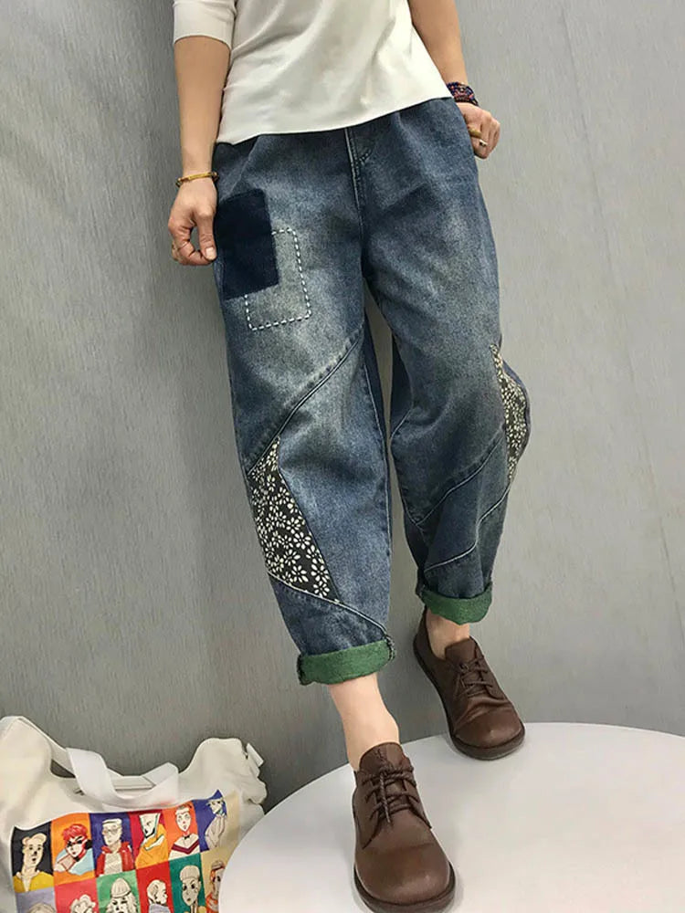 2024 Chinese Style Spring Womens Printed Patchwork Jeans Ladies Vintage Blue Denim Pants Female Casual Punk Pantalons