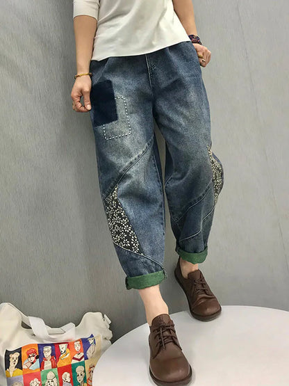 2024 Chinese Style Spring Womens Printed Patchwork Jeans Ladies Vintage Blue Denim Pants Female Casual Punk Pantalons