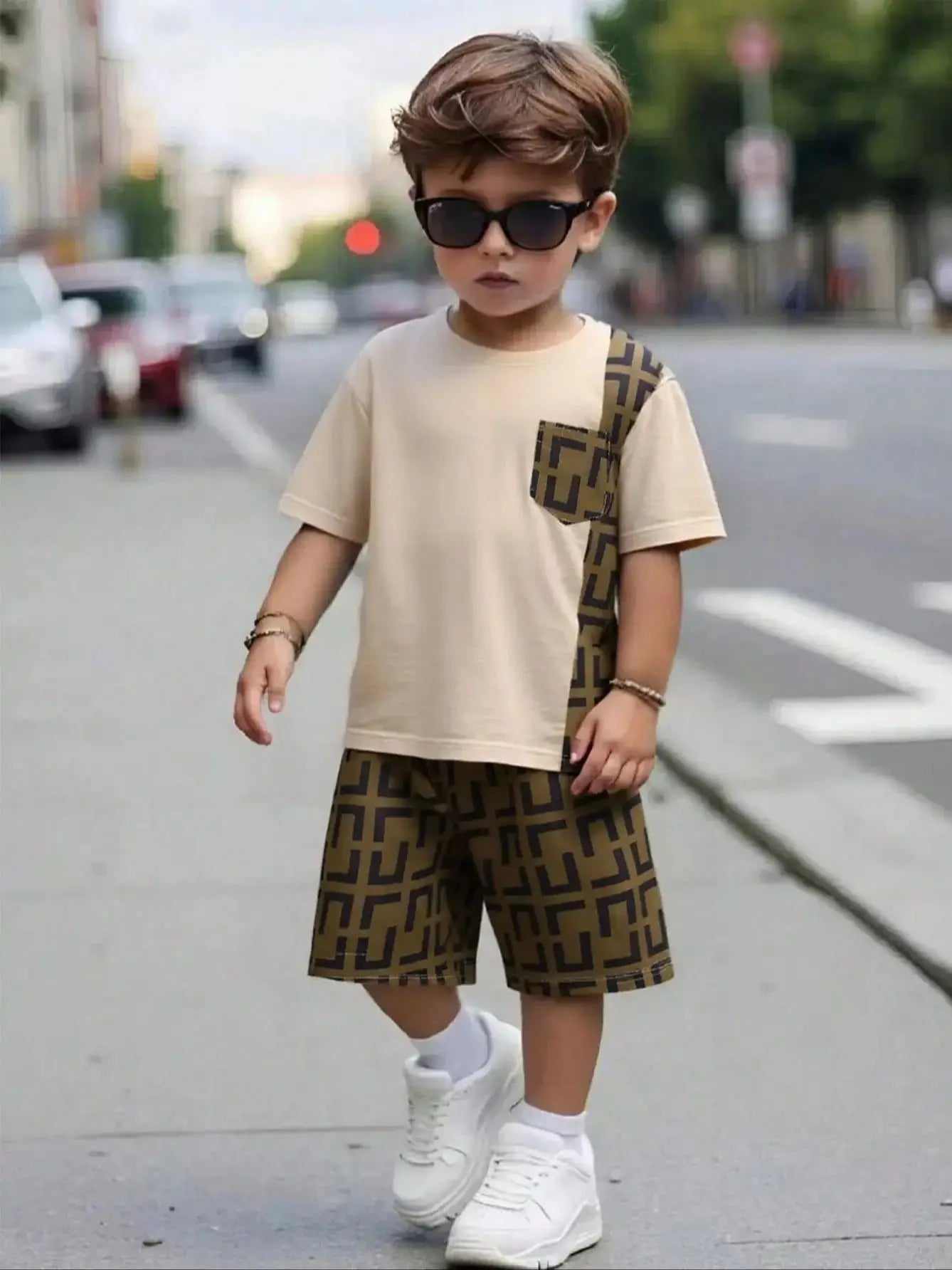 2pcs boys' clothing geometric pattern printed short sleeved round neck T-shirt with pockets paired with shorts casual set
