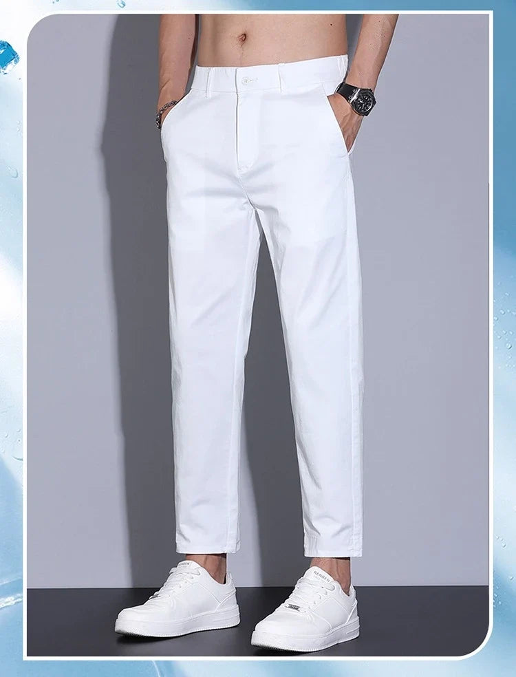 High Quality Summer Men's White Ankle Length Casual Pants 97%Cotton Breathable Straight Business Slim Work Chino Trousers Man
