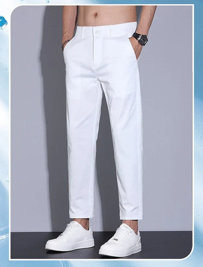 High Quality Summer Men's White Ankle Length Casual Pants 97%Cotton Breathable Straight Business Slim Work Chino Trousers Man