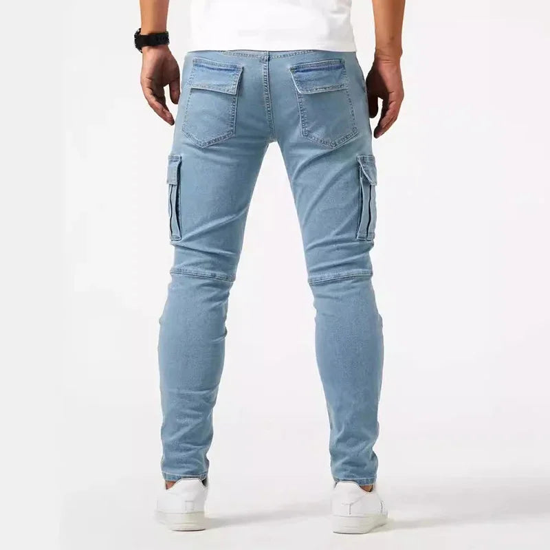 Man Business Casual Cargo Jeans Male Stylish Tide Brand Stretch Pants Spring Summer Grey Brand New Fit Straight Lightweight