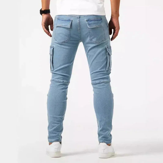 Man Business Casual Cargo Jeans Male Stylish Tide Brand Stretch Pants Spring Summer Grey Brand New Fit Straight Lightweight