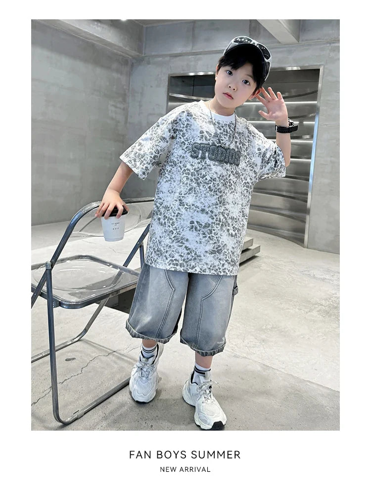 Baby Child Summer Cotton Suit With Shorts for Boy Leopard Print T-shirt + Denim Shorts Top and Bottom Clothes Set For Kids 2-14Y