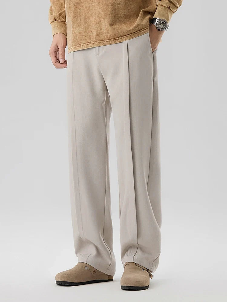 2023 New Autumn Casual Pants Men Korean Fashion Banded Waist Stretch Wide Leg Pleated Suit Slacks Straight Loose Drape Trousers