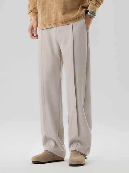 2023 New Autumn Casual Pants Men Korean Fashion Banded Waist Stretch Wide Leg Pleated Suit Slacks Straight Loose Drape Trousers
