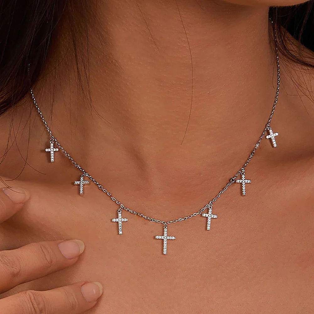 Certified Moissanite Diamond Necklace with Cross Shape Pendant S925 Silver Plated 18k Stacking Neck Chain for Women Fine Jewelry