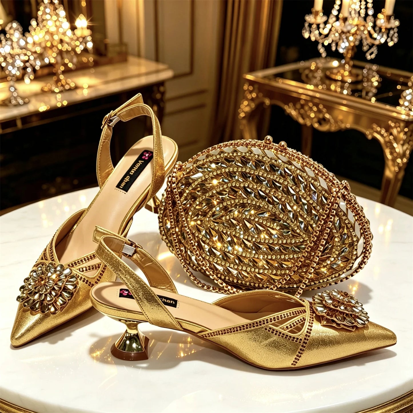 2026 New Arrival Italian-Inspired Green Rhinestone Pointed Toe Women’s High Heels with Matching Handbag Set Elegant Wedding