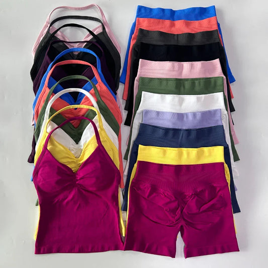 No Logo 2 Pieces Sports Set Workout Clothes Shorts Sets Gym Strappy Top Scrunch Shorts Yoga Clothing Gym Set