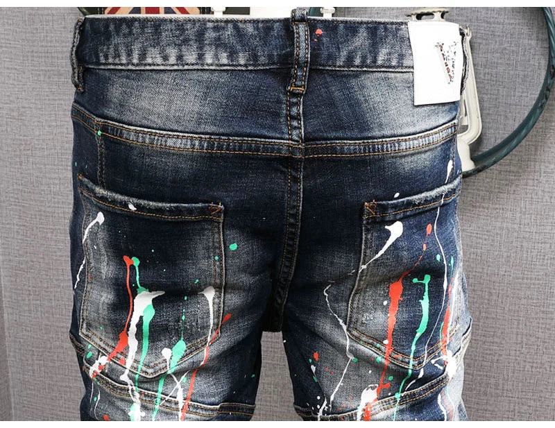 Fashion Streetwear Men Jeans Retro Black Blue Elastic Slim Fit Ripped Jeans Men Spliced Designer Embroidery Hip Hop Denim Pants