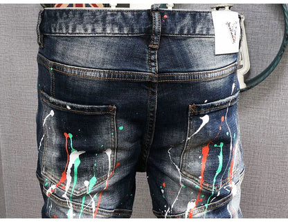 Fashion Streetwear Men Jeans Retro Black Blue Elastic Slim Fit Ripped Jeans Men Spliced Designer Embroidery Hip Hop Denim Pants
