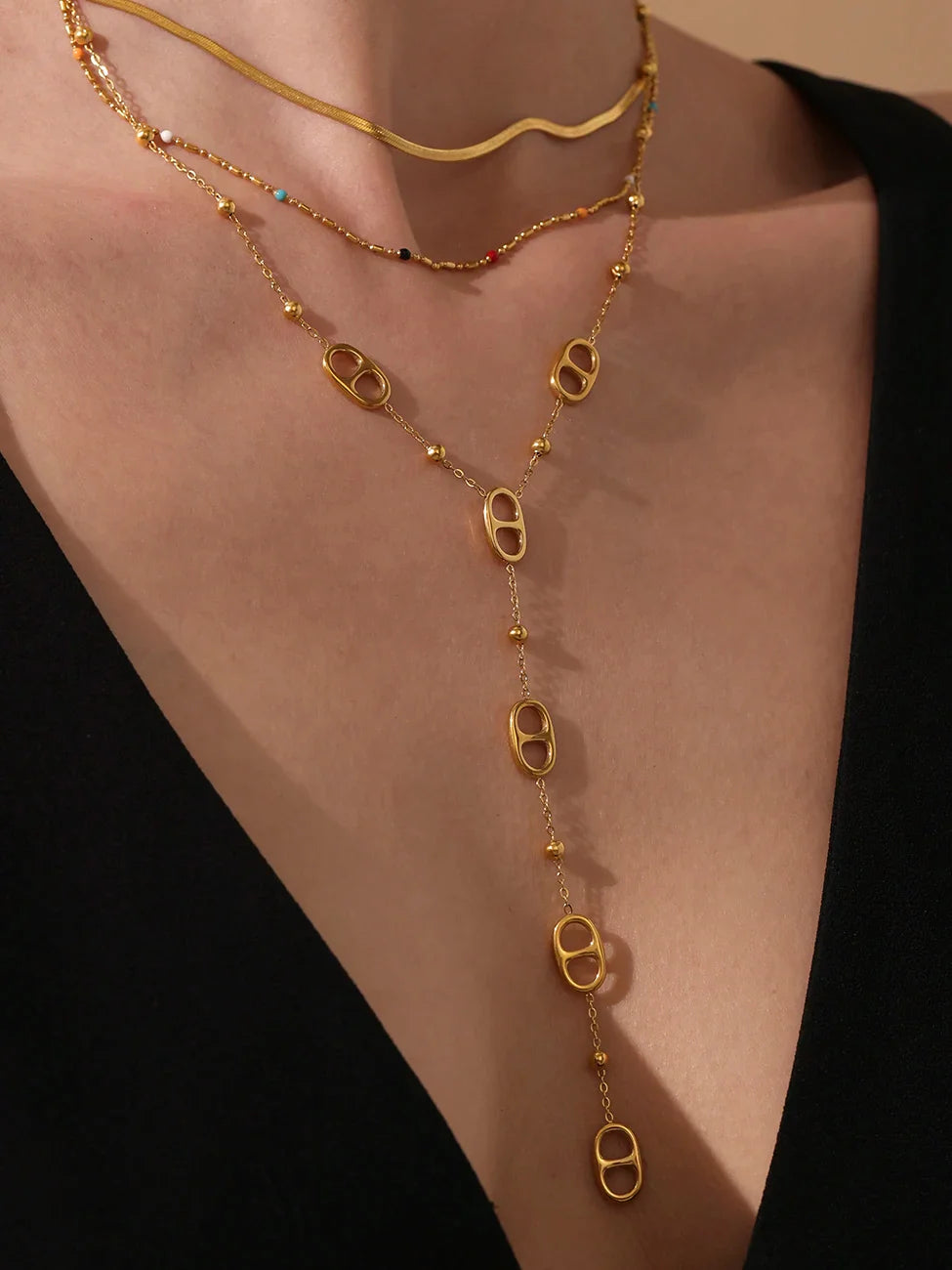 Fashion Long Chain Stainless Steel Necklacs For Women PVD Real Gold Plated Metal Female Collar Party Banquet Jewelry