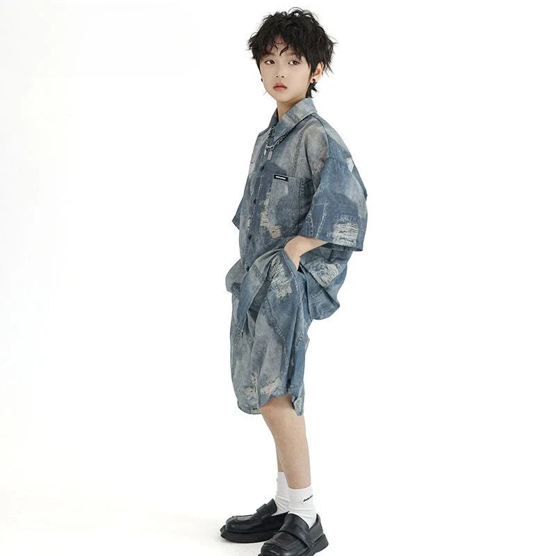 Imitation Denim Shirt Clothing Set Outdoor Summer Wear 2025 New Children's Home Cartoon Fashion From 4 Years Old Boy Outfit Top