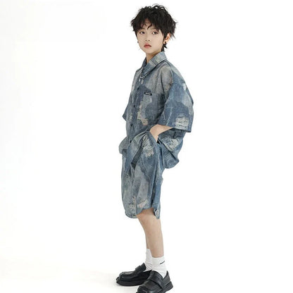 Imitation Denim Shirt Clothing Set Outdoor Summer Wear 2025 New Children's Home Cartoon Fashion From 4 Years Old Boy Outfit Top