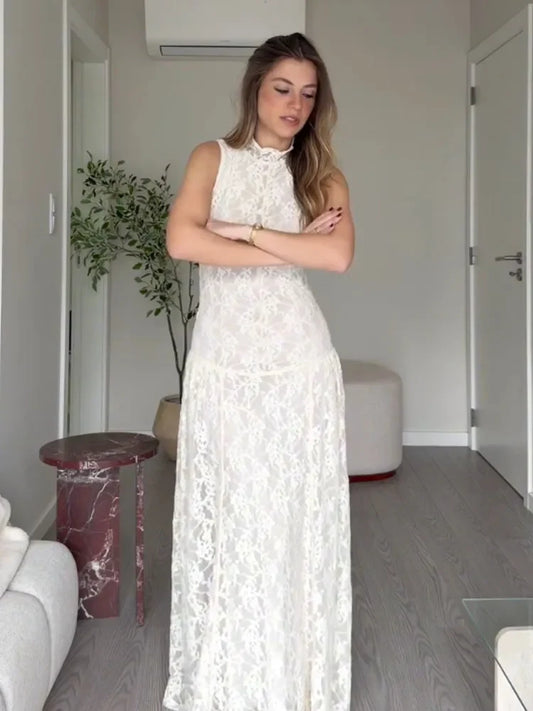 Women's Spring Summer Stylish Off‑White High Neck Lace Sleeveless Dress Female Elegant Temperament Zipper Long Party Dress