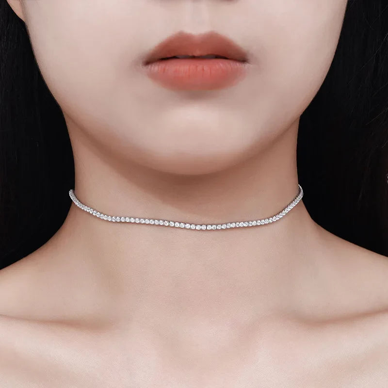 Adjustable Full 2mm 0.03CT D Color Moissanite Tennis Necklace for Women 925 Silver Plated 18K Gold Choker Neck Chain Gift