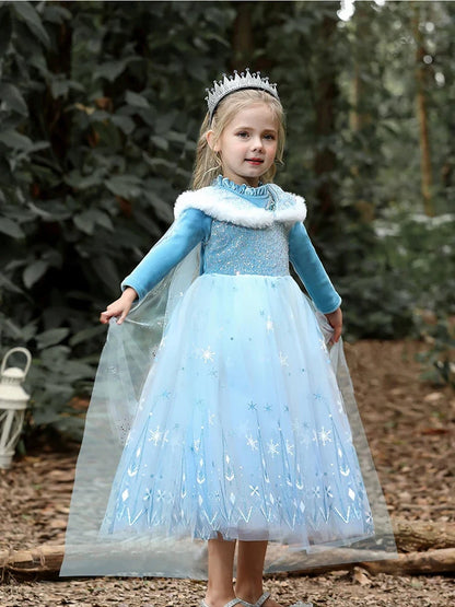 Girls' Spring 2026 New Velvet Elsa Frozen Princess Dress Kids Blue Cape 2 Piece Set Warm Dresses For Girl Party 3-9 Years Old ﻿