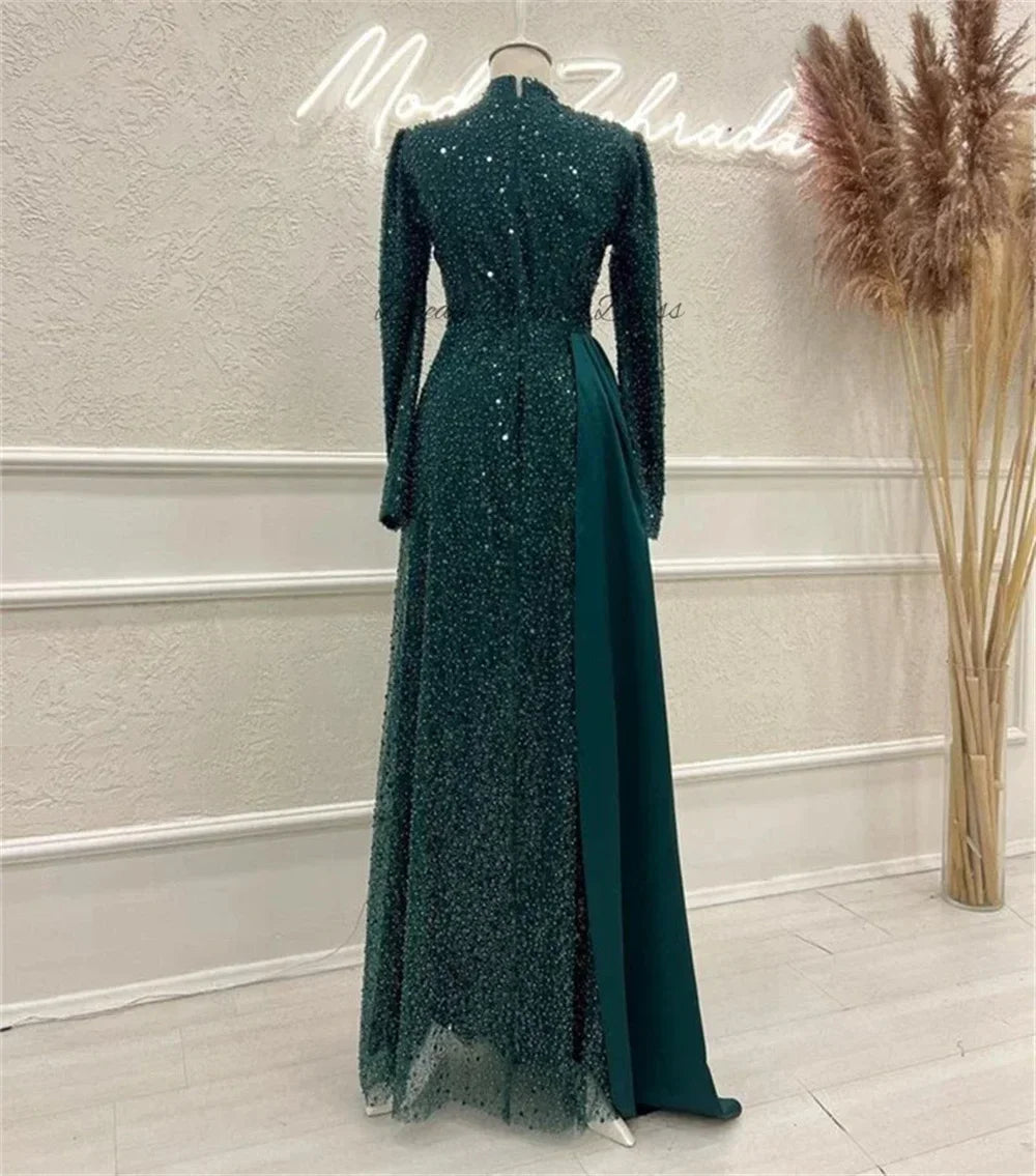 Customized High Neck Glitter Mermaid Prom Dresses Elegant Long Sleeves Floor-Length Formal Evening High Quality Classic Retro Ex