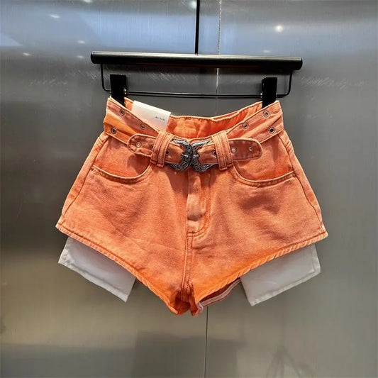 2025 Autumn New Orange Denim Shorts High Waist Pockets Sexy Hot Pants Jean Shorts