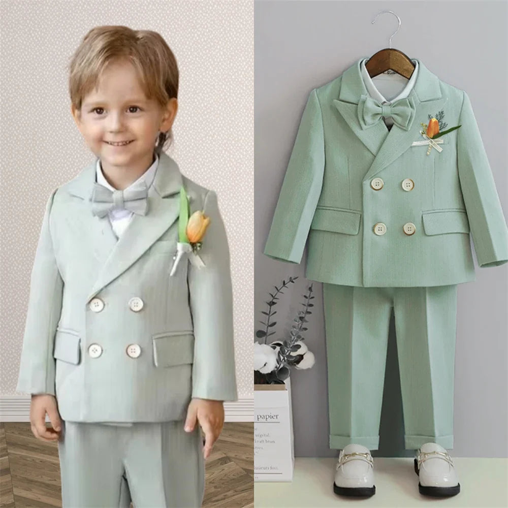 3-14 Yrs Kids Suit Set, Double Breasted Suit Jacket, Pants Bowtie, Boys Formal Tuxedo Set for Wedding, Ring Bear Dresswear