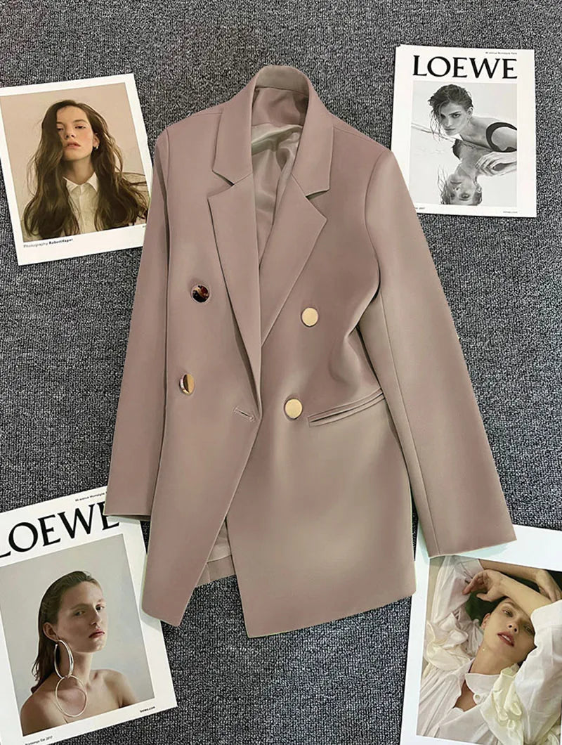 Casual Small Suit Jacket Women Fashion Loose Metal Double-Breasted Blazer Coat Korean Occupation Office Formal Lapel Blazers