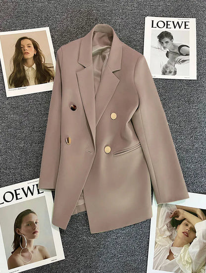 Casual Small Suit Jacket Women Fashion Loose Metal Double-Breasted Blazer Coat Korean Occupation Office Formal Lapel Blazers