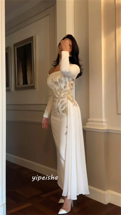 Customized Jiayigong High Quality  Jersey Beading Draped Valentine's Day Sheath Off-the-shoulder Bespoke Occasion Gown Midi Dres