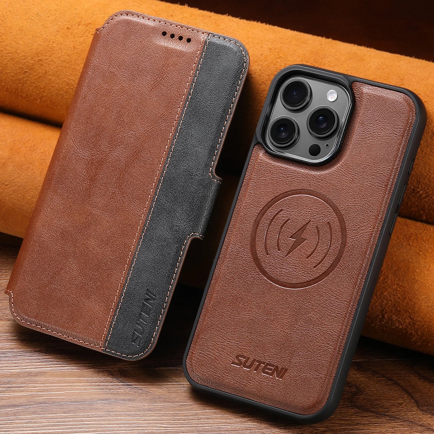 Faux Leather Wireless Charging Card Holder Stand Wallet Magnetic Flip Cover Phone Case For iPhone 16 Pro Max 15 Plus 14