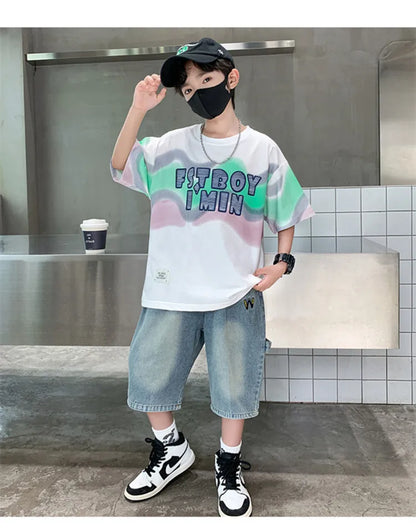 Summer Boy Denim Shorts and Top Clothes Set Outfit Kids Fashion 2-Piece Suit Korean Children Streetwear Tracksuit 5 6 7 9 10 14Y