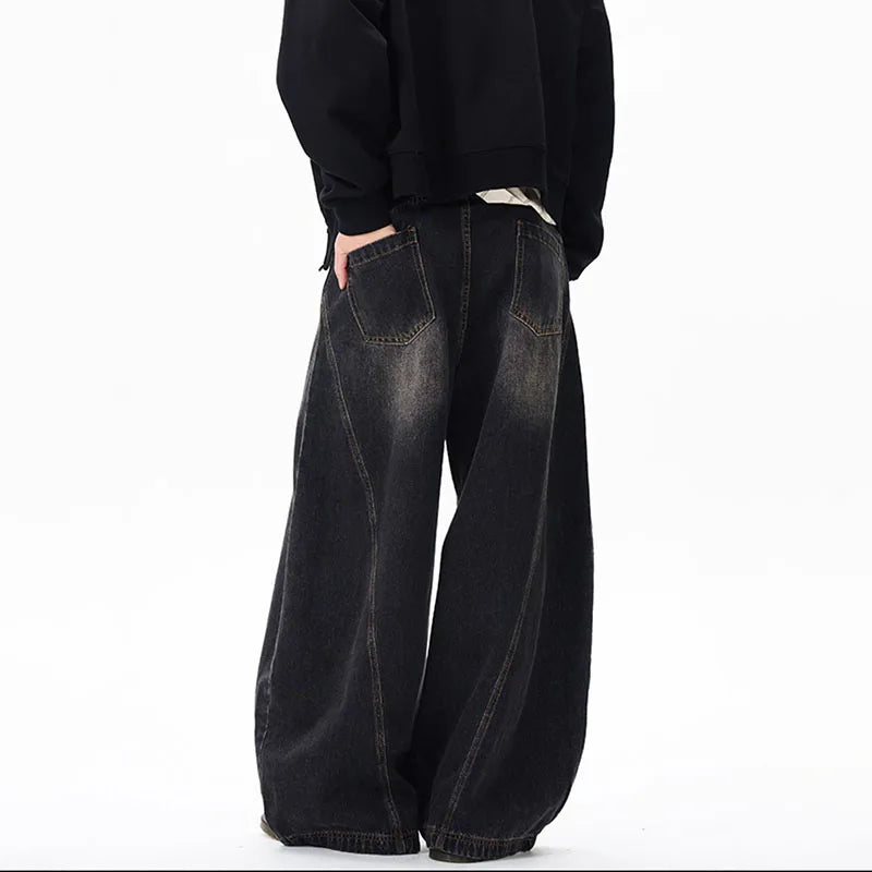 Spring New Men'S Jeans Wide Leg Pants Loose Machete Jeans Vintage Lightning Cracked Denim Trousers