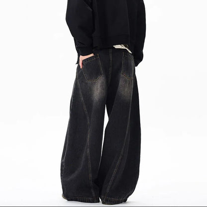 Spring New Men'S Jeans Wide Leg Pants Loose Machete Jeans Vintage Lightning Cracked Denim Trousers