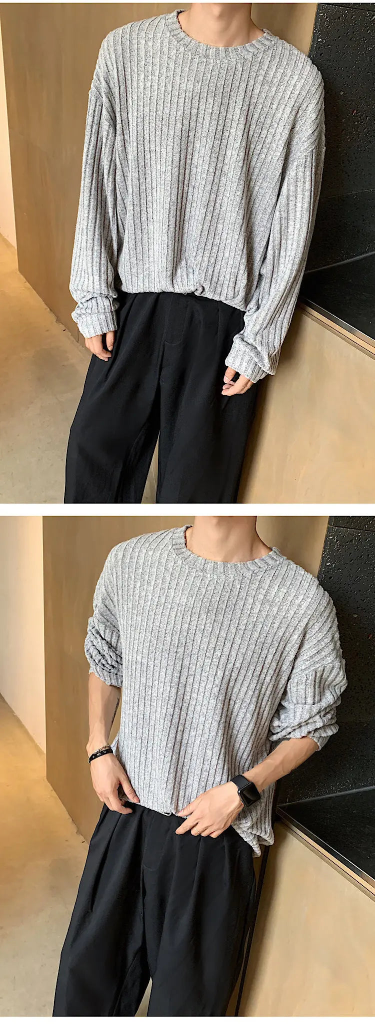 Autumn Long Sleeved T-shirt Men Oversized Fashion Casual Striped T Shirt Men Streetwear Korean Loose Round Neck Tshirt Mens Top