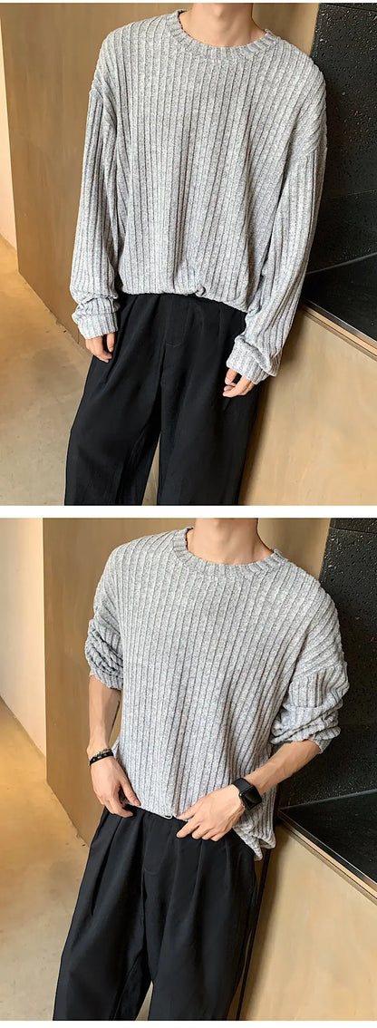 Autumn Long Sleeved T-shirt Men Oversized Fashion Casual Striped T Shirt Men Streetwear Korean Loose Round Neck Tshirt Mens Top