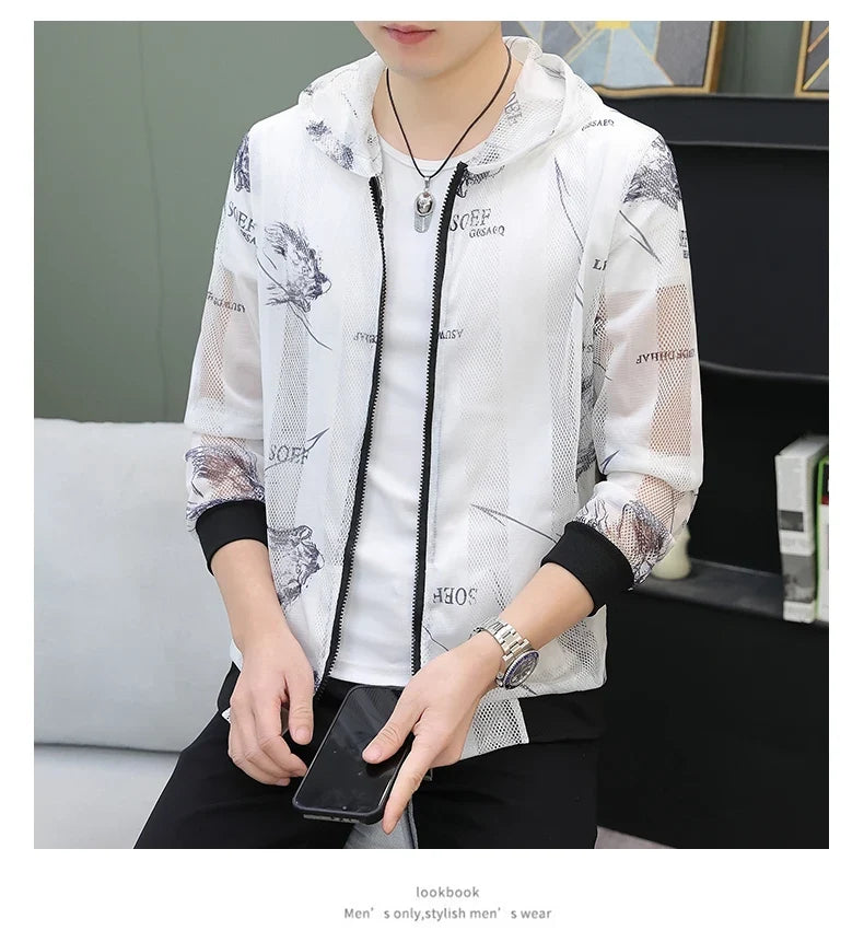 Men's Summer Mesh Sun Protection Clothing Trendy Stripe Print Ice Silk Cool Feeling Breathable Quick Dry Hooded Jacket