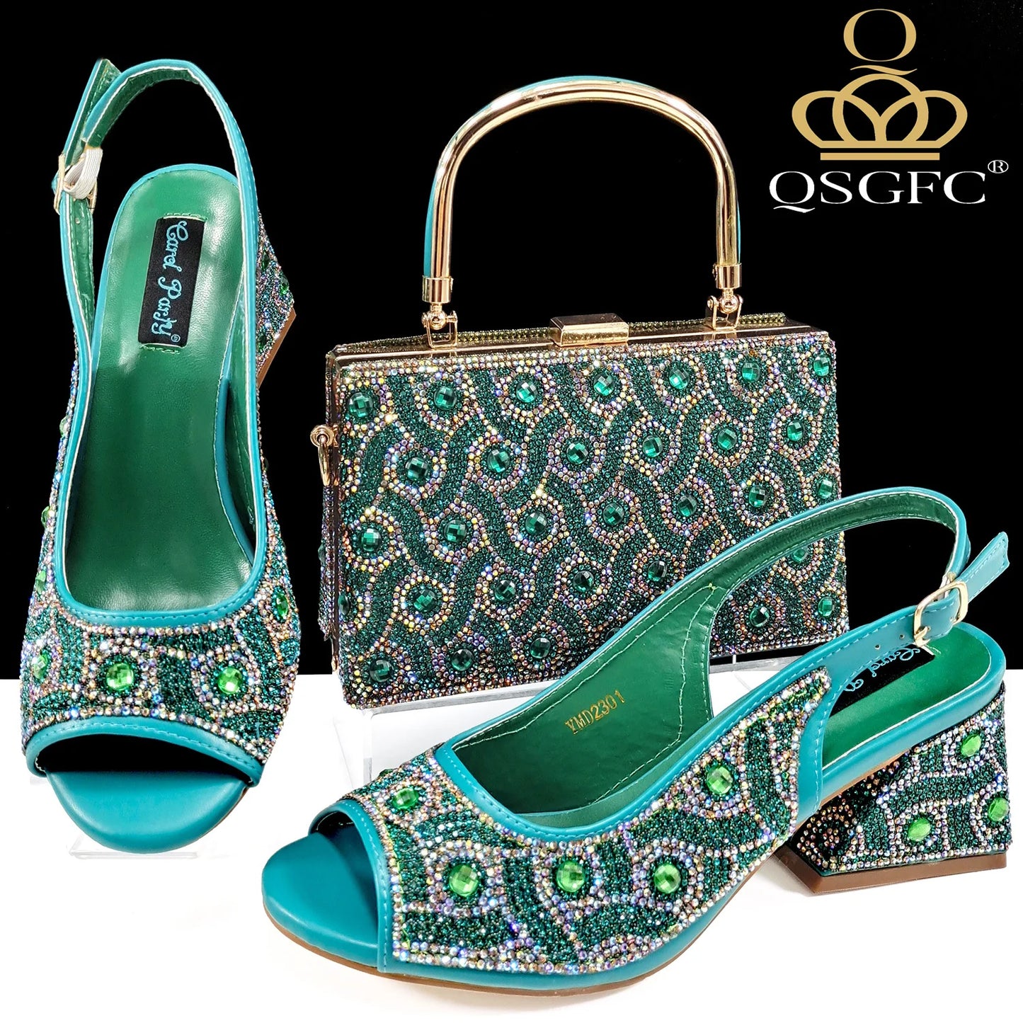 2024 Rhinestone Design INS Hot Sale New Arrivals African Shoes and Bag Set in Green Color Open Toe Comfortable Women Heels